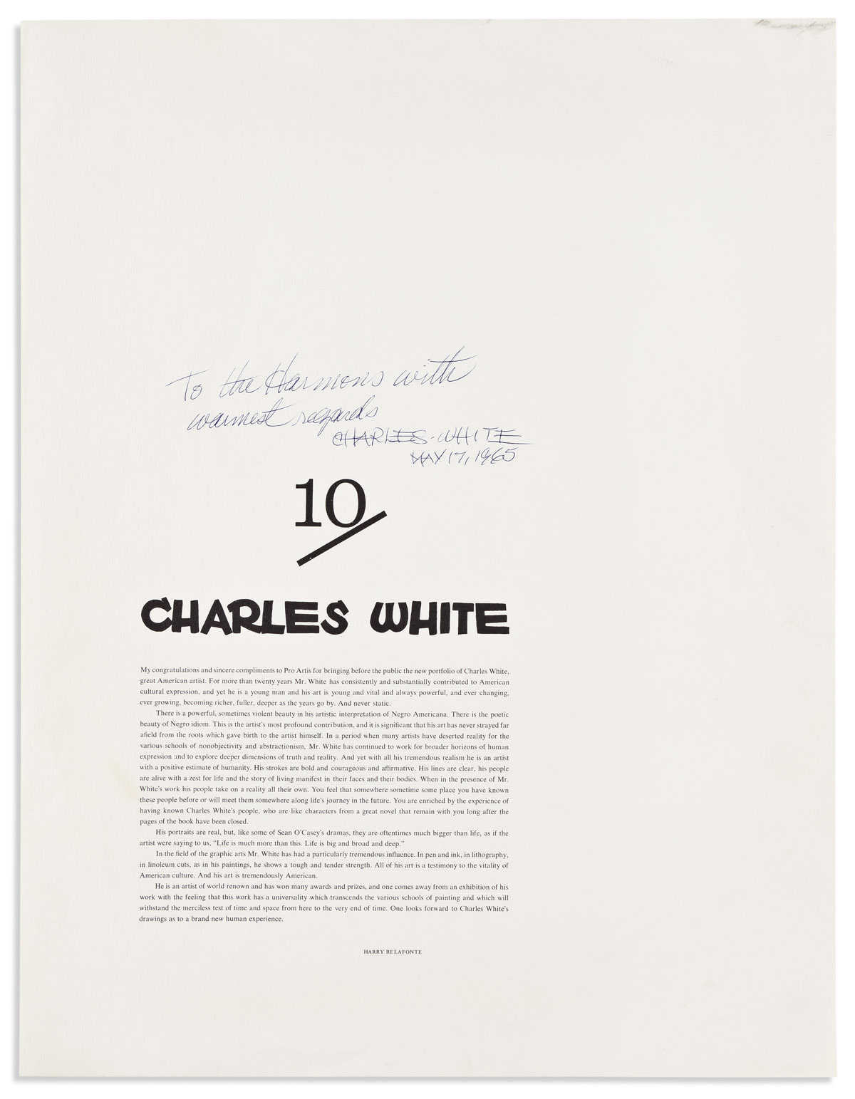 (ART.) Charles White. His 10 portfolio, signed and inscribed.
